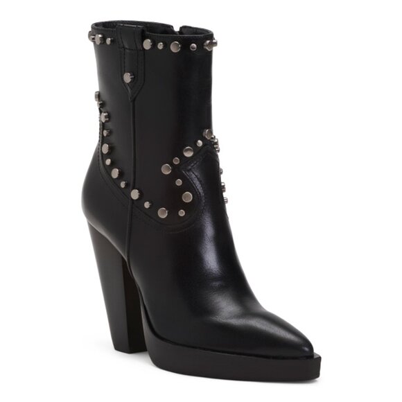 NWB$130 VINCE CAMUTO Leather Nanikshie Studded Heeled Boots Black Western Sz 8 - Picture 1 of 5